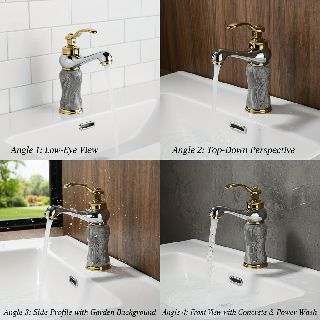 Marble Pattern Gold-Plated Ceramic Valve Basin Faucet (Single-Hole)