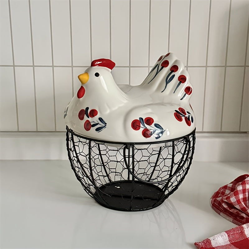 Dustproof Ceramic & Wire Egg Basket (Hen-Shaped)