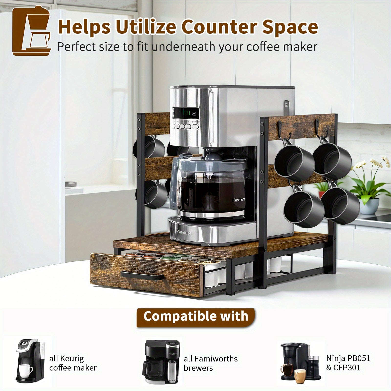 Space-Saving Wood Coffee Pod Organizer (35-Pod Capacity, Mug Rack)
