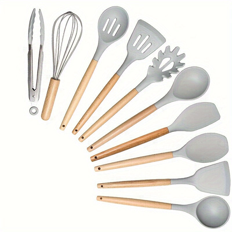 Heat-Resistant Silicone Utensil Set With Wooden Handles (10-Piece)