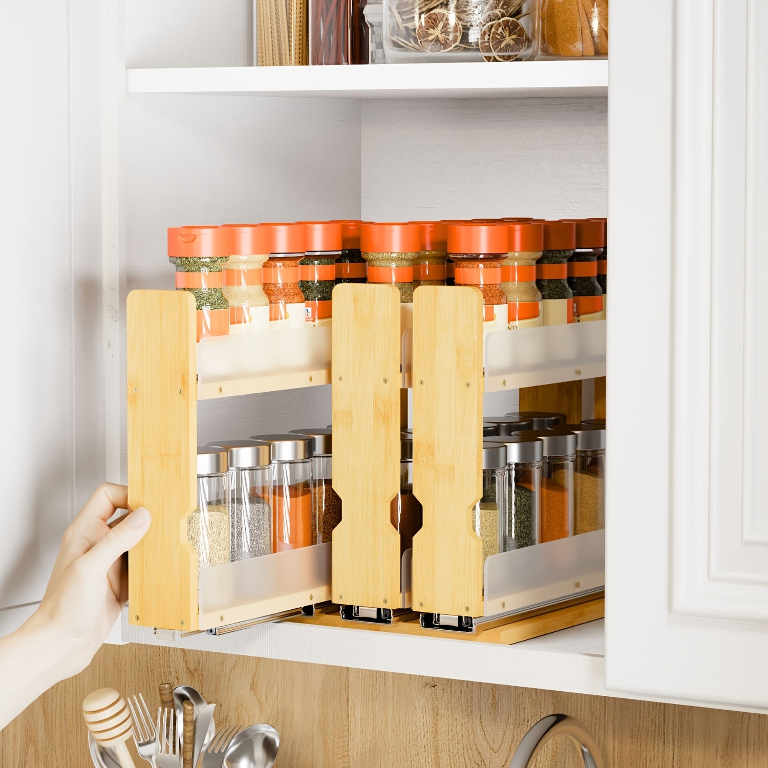 Vertical Space-Saving Bamboo Spice Rack Organizer (3 Sliding Shelves)