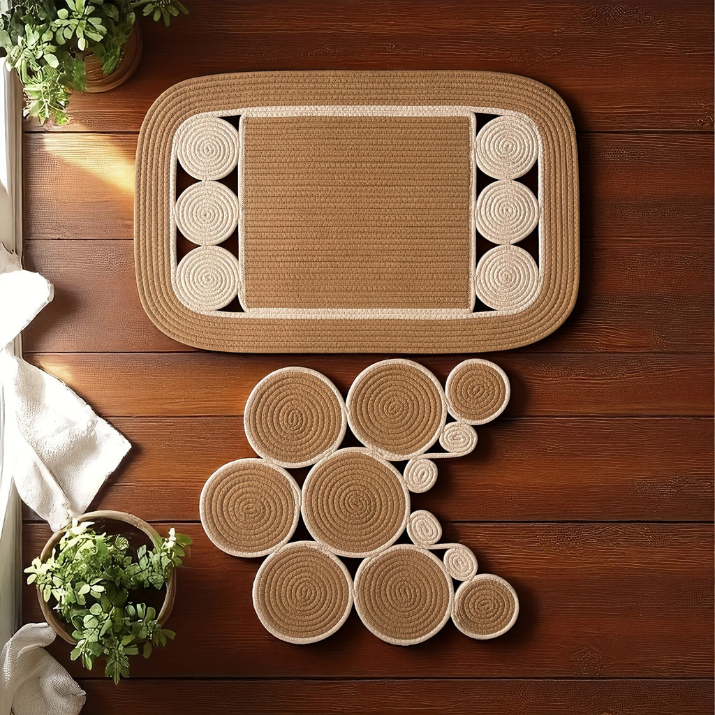 Handwoven Linen Non-Slip Toilet Rug & Bath Mat Set (Set of 2)