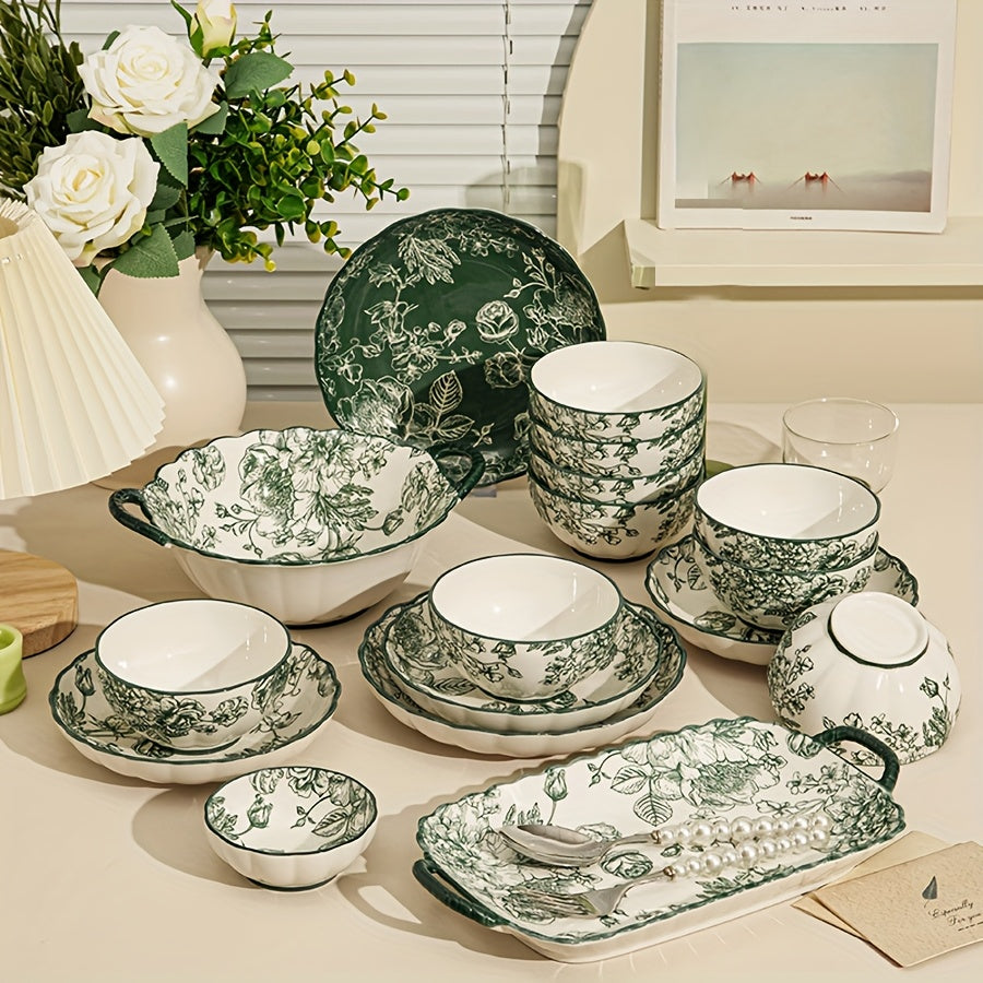 Green Rose Floral Ceramic Tableware Set (Multi-Piece)