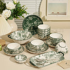 Green Rose Floral Ceramic Tableware Set (Multi-Piece)