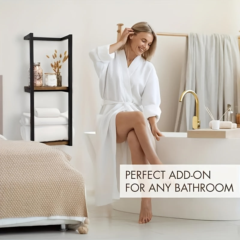 Space-Saving Two-Tier Wrought Iron & Wood Towel Rack