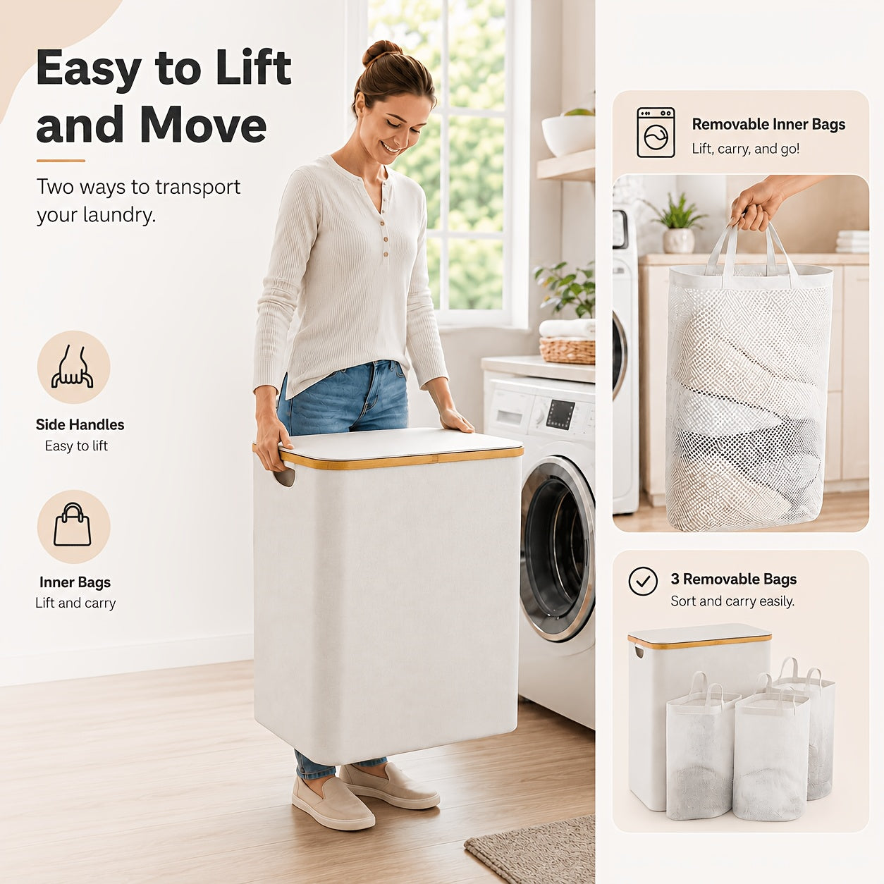 3-Section Bamboo Laundry Hamper (Removable Washable Bags)